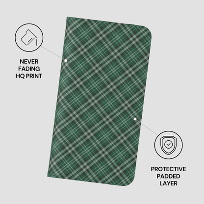 Green plaid notebook with text indicating 'Never Fading HQ Print' and 'Protective Padded Layer' on a white background. | Casenari