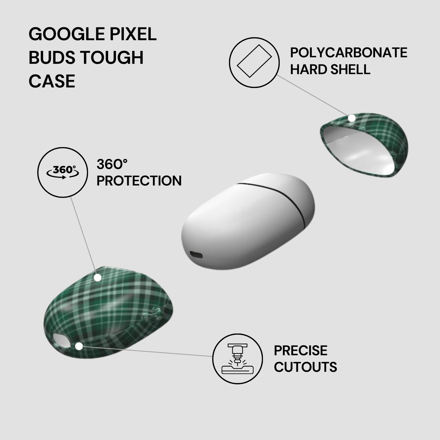 Google Pixel Buds Tough Case with features highlighted on a gray background | casenari