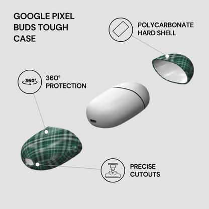 Google Pixel Buds Tough Case with features highlighted on a gray background | casenari