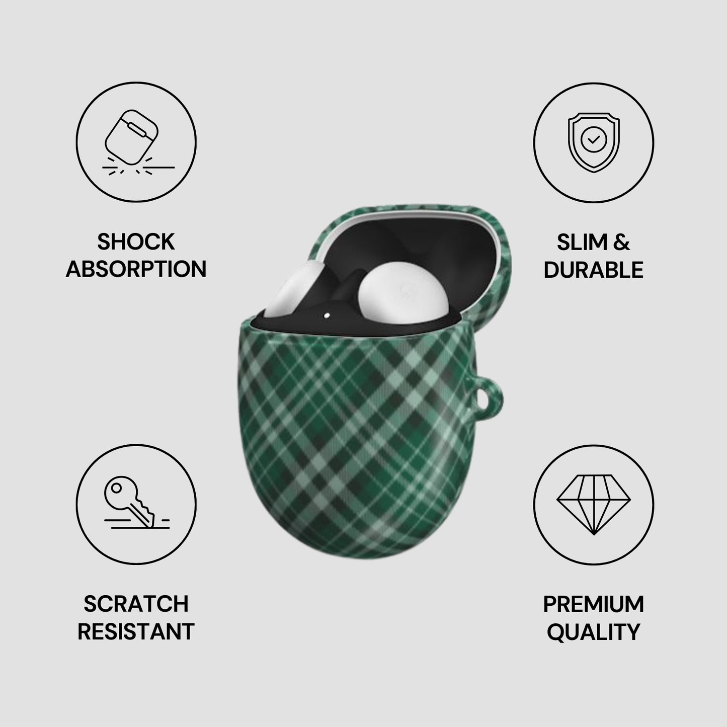 Green plaid case with a white sphere inside, featuring icons and text about product features on a light gray background. | casenari
