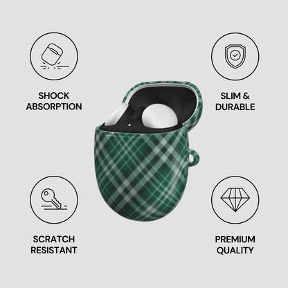 Green plaid case with a white sphere inside, featuring icons and text about product features on a light gray background. | casenari
