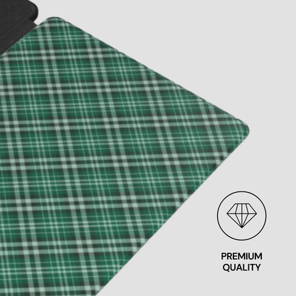 Green plaid fabric with a 'Premium Quality' label on a white background