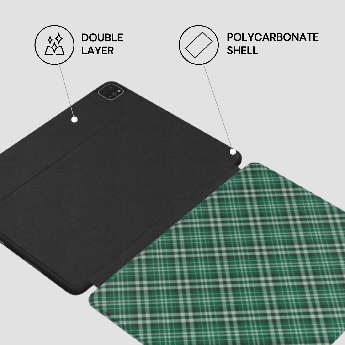 Black tablet case with plaid pattern underneath, labeled 'Double Layer' and 'Polycarbonate Shell'. | casenari
