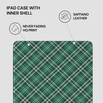 Green and white plaid patterned iPad case with text indicating features on a gray background | casenari