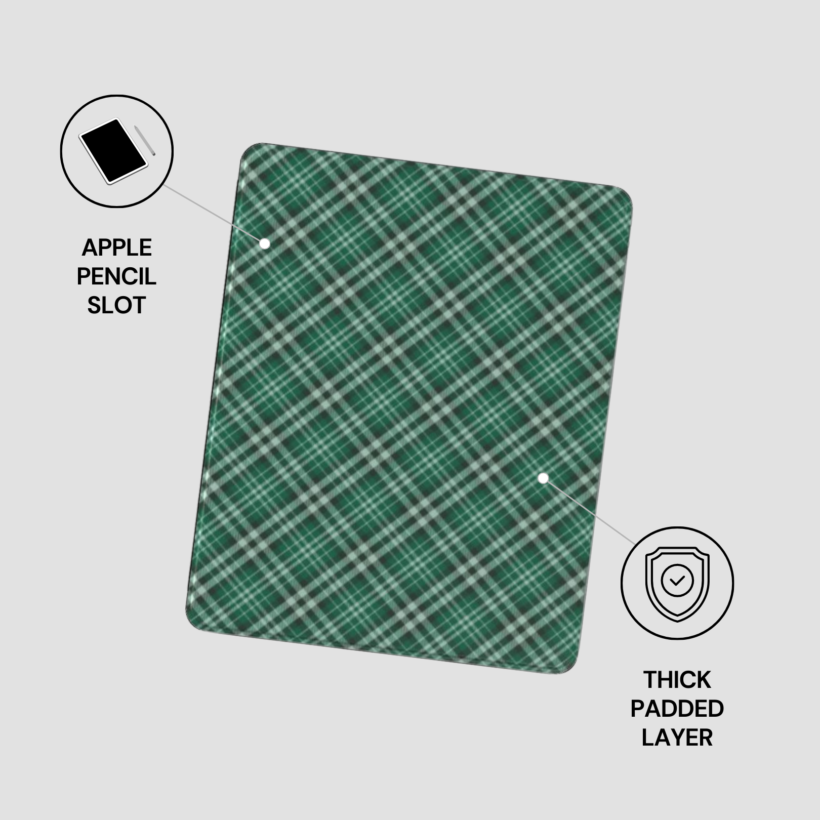 Green plaid case with Apple Pencil slot and thick padded layer on a gray background | casenari