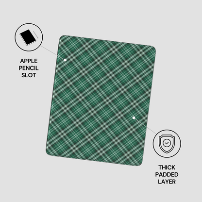 Green plaid case with Apple Pencil slot and thick padded layer on a gray background | casenari