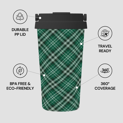 Green plaid travel mug with black lid on a light gray background, featuring durability, eco-friendliness, and travel readiness text. | Casenari