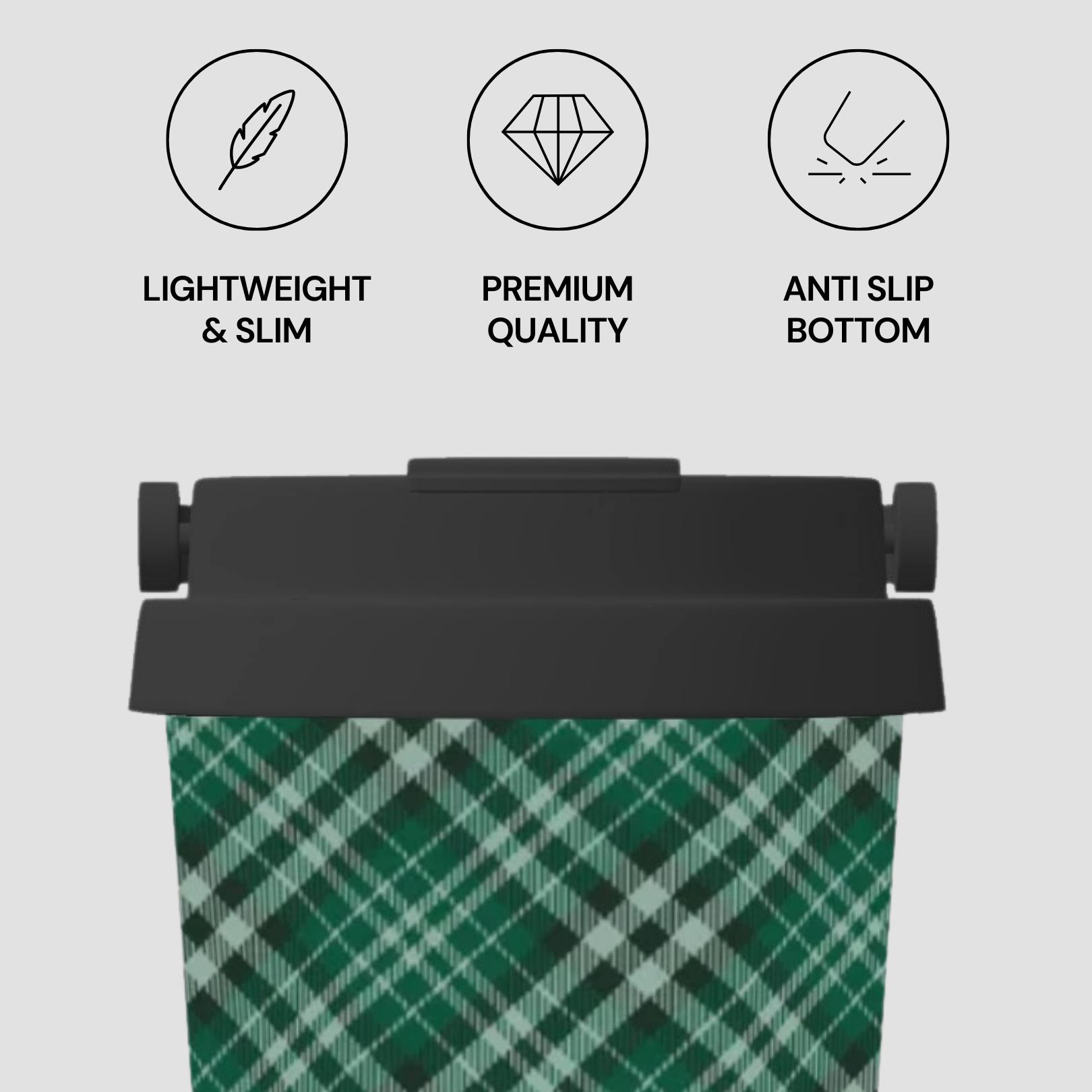Green plaid fabric roll with black top on a light gray background, featuring icons and text about product features. | Casenari