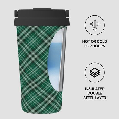 Green plaid insulated tumbler with black lid on a white background | Casenari