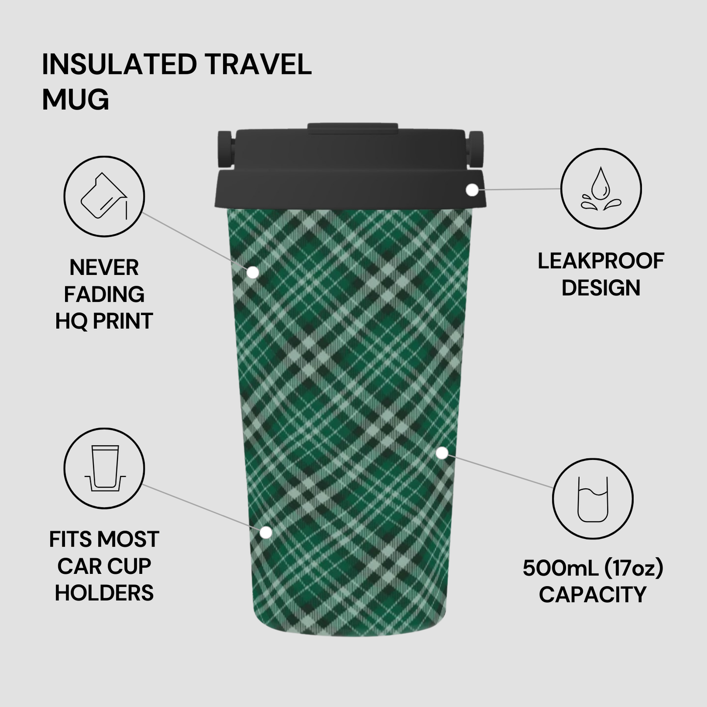 Green plaid insulated travel mug with features listed on a gray background | Casenari