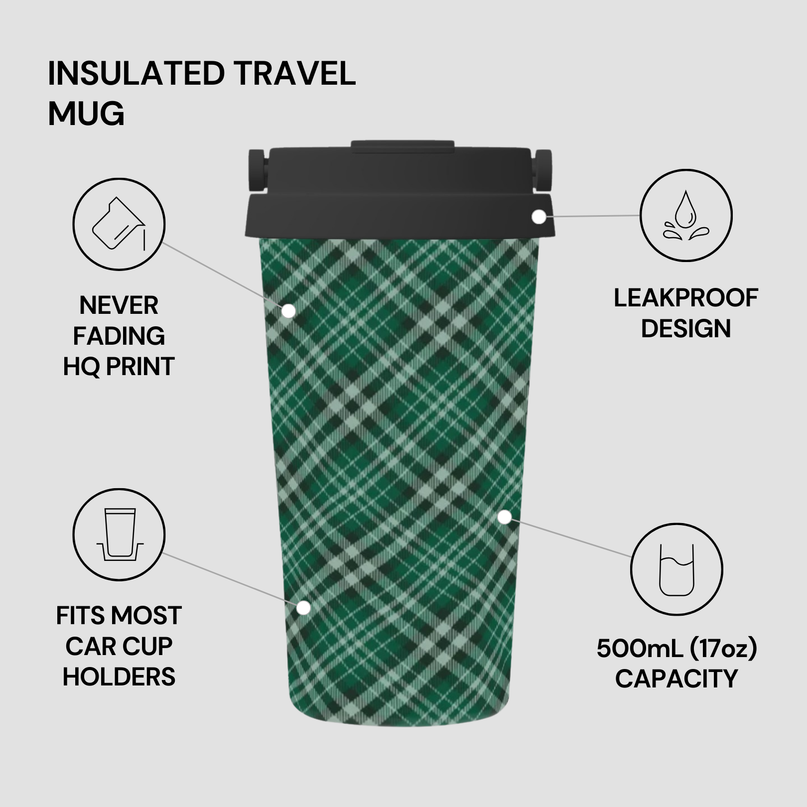 Green plaid insulated travel mug with features listed on a gray background | Casenari