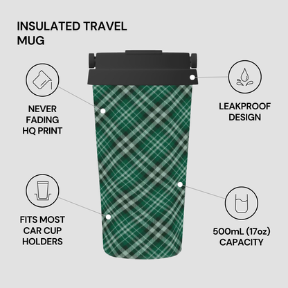 Green plaid insulated travel mug with features listed on a gray background | Casenari