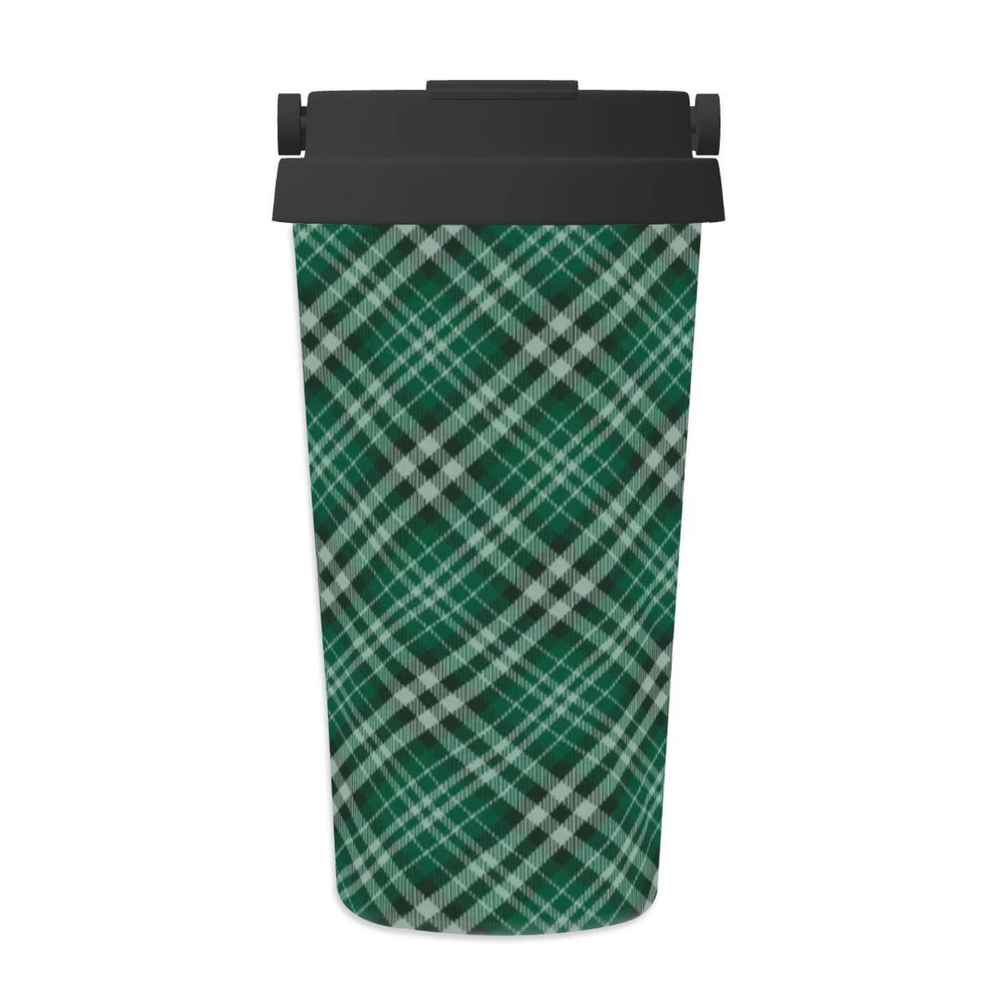 Green plaid trash can with black lid on a white background | Casenari