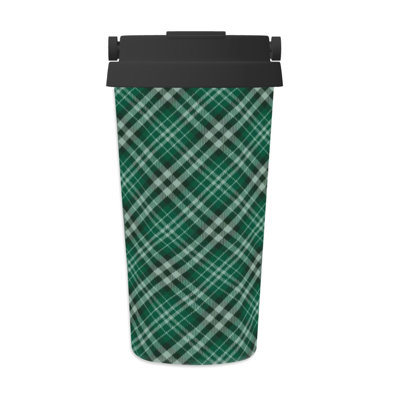Green plaid trash can with black lid on a white background | Casenari