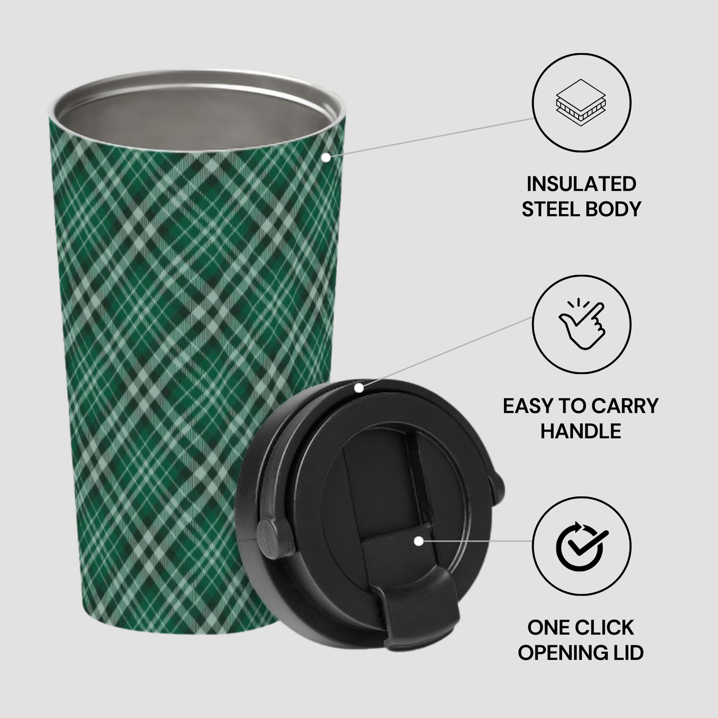 Green plaid insulated tumbler with black lid on a light gray background | Casenari
