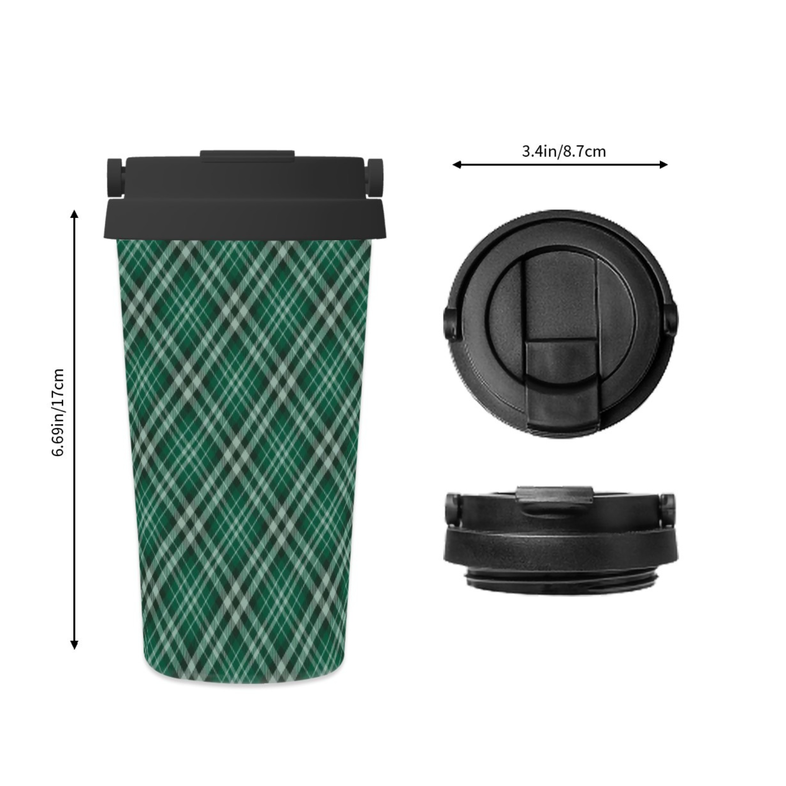 Green plaid travel mug with black lid and measurements on a white background
