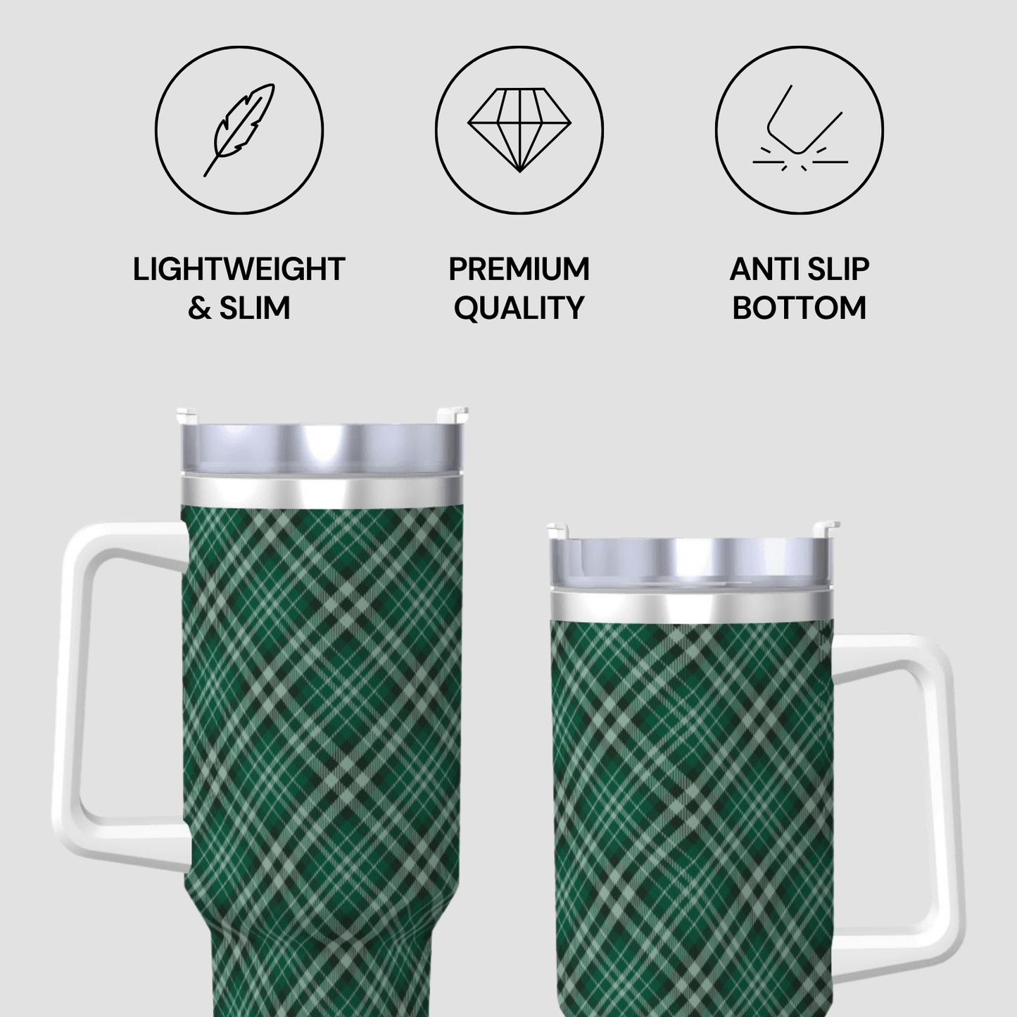 Green plaid patterned tumblers with silver lids on a gray background, featuring icons and text about product features. | Casenari