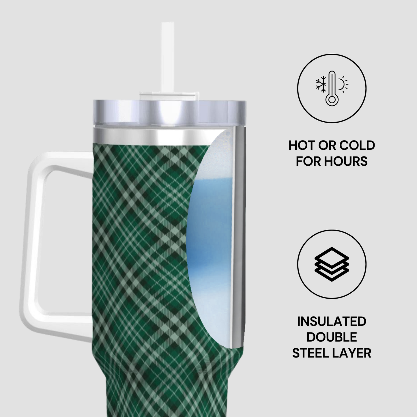 Green plaid insulated tumbler with a straw on a light gray background | Casenari