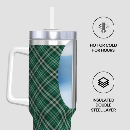 Green plaid insulated tumbler with a straw on a light gray background | Casenari