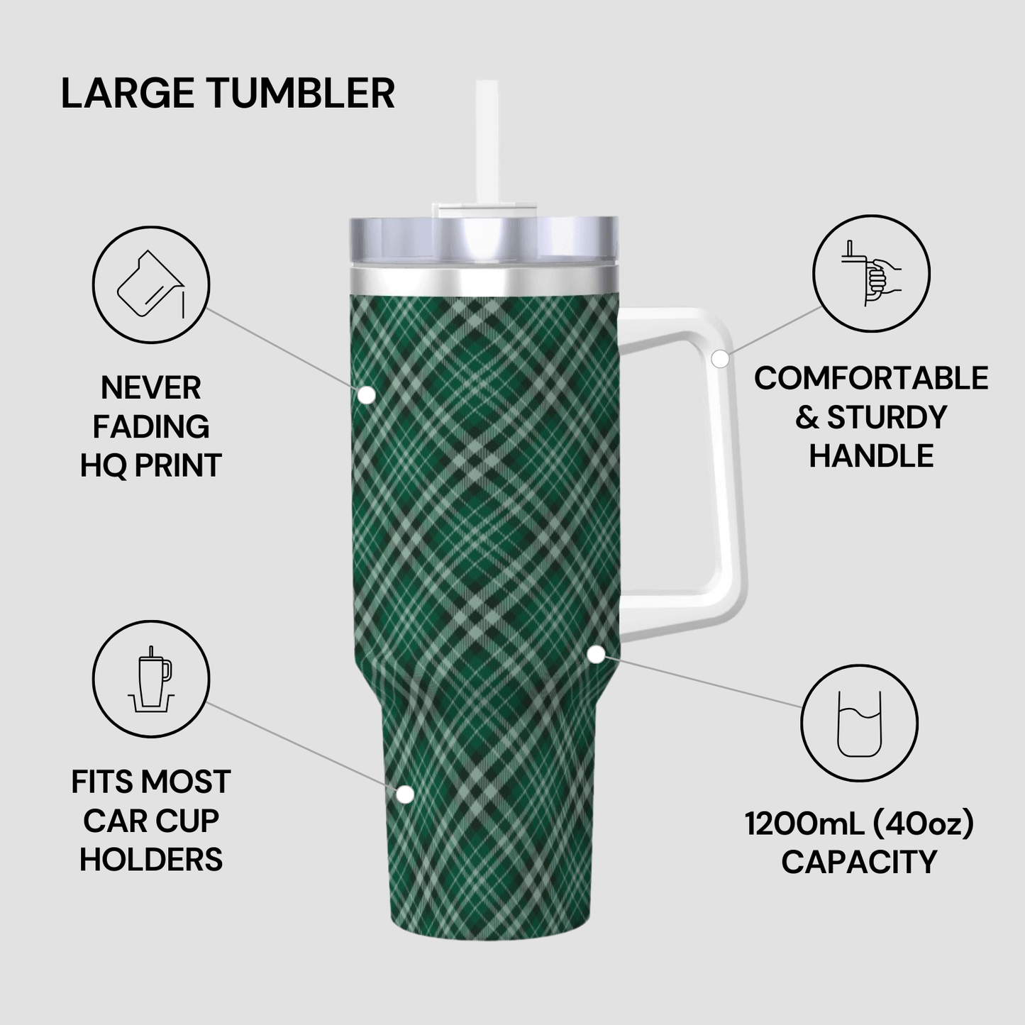 Green plaid tumbler with features highlighted on a gray background | Casenari