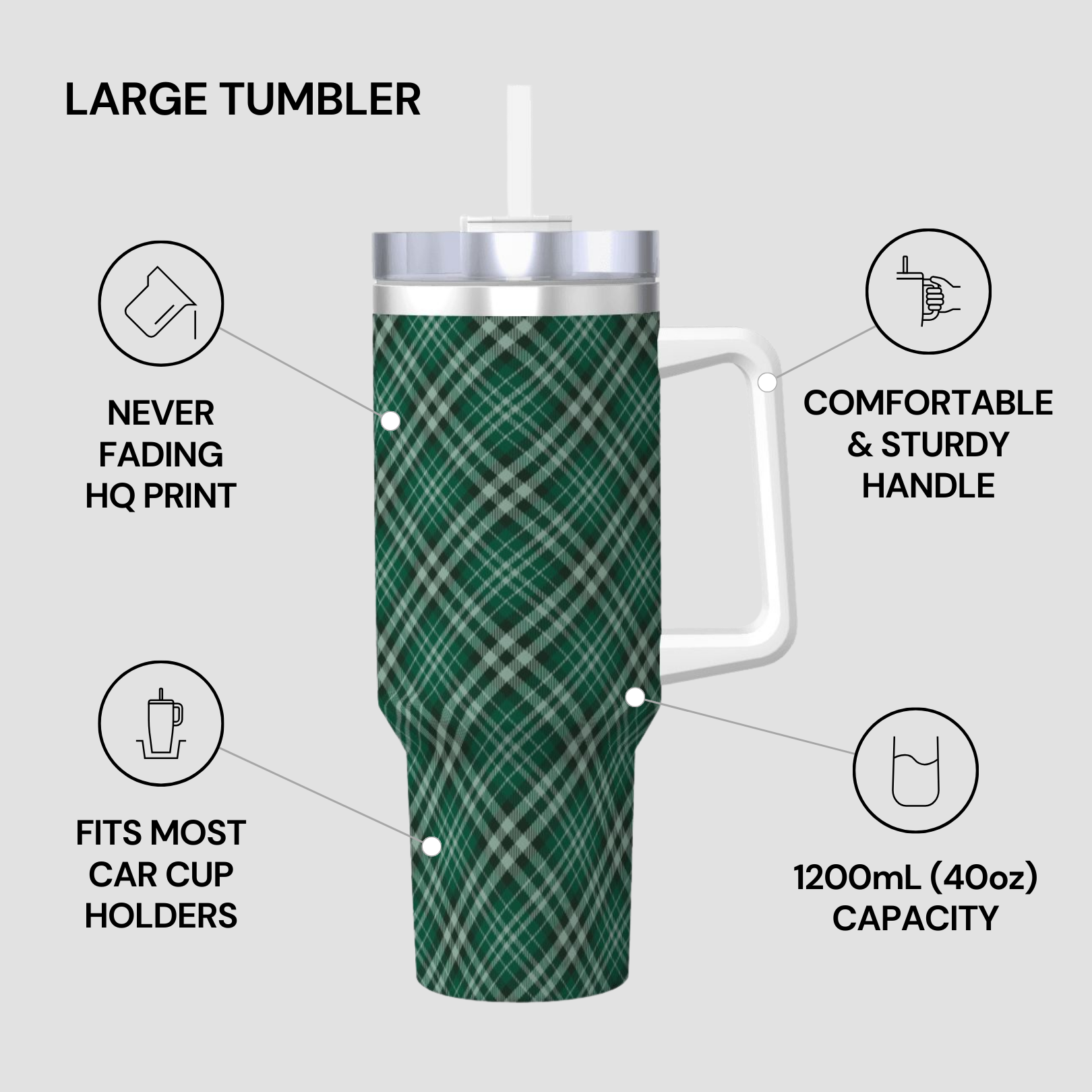 Green plaid tumbler with features highlighted on a gray background | Casenari