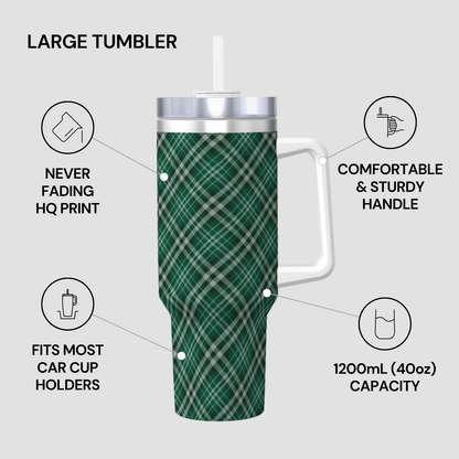 Green plaid tumbler with features highlighted on a gray background | Casenari