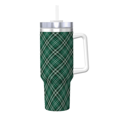 Green plaid tumbler with a white handle and silver lid on a white background | Casenari