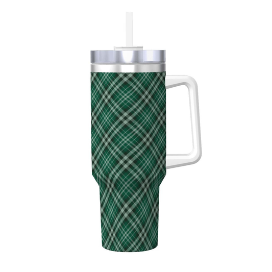 Green plaid tumbler with a white handle and silver lid on a white background | Casenari