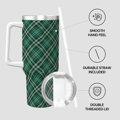 Green plaid travel mug with features highlighted on a gray background | Casenari