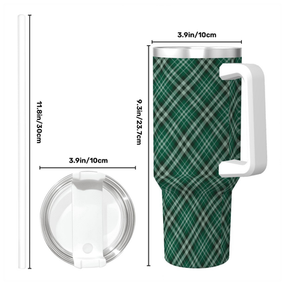 Green plaid tumbler with measurements on a white background | Casenari