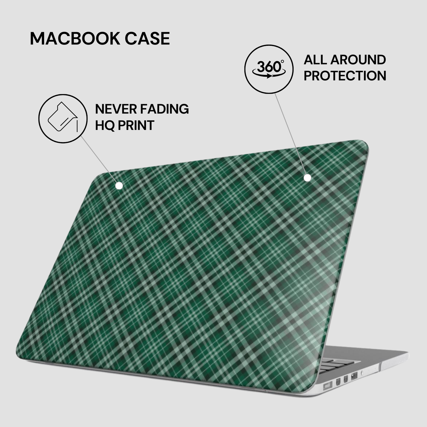 Green plaid laptop case with text highlighting features on a white background | Casenari