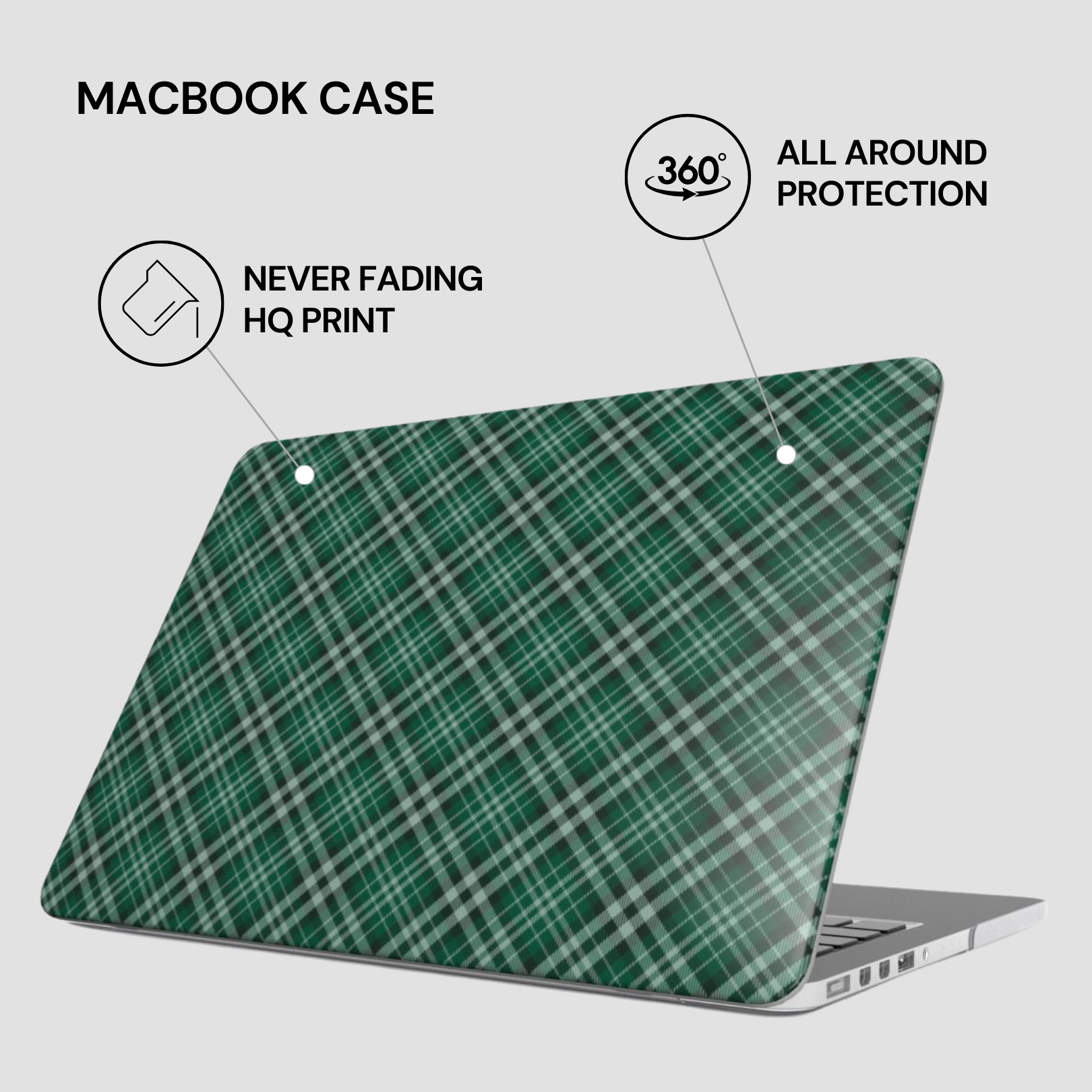 Green plaid laptop case with text highlighting features on a white background | Casenari