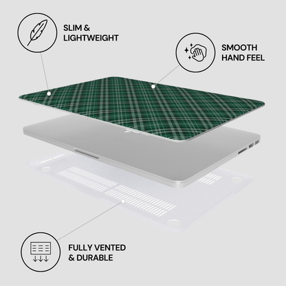 Green plaid laptop skin with text labels on a white background | Casenari