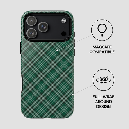 Green plaid phone case with Magsafe compatibility and 360-degree wrap design on a gray background | Casenari