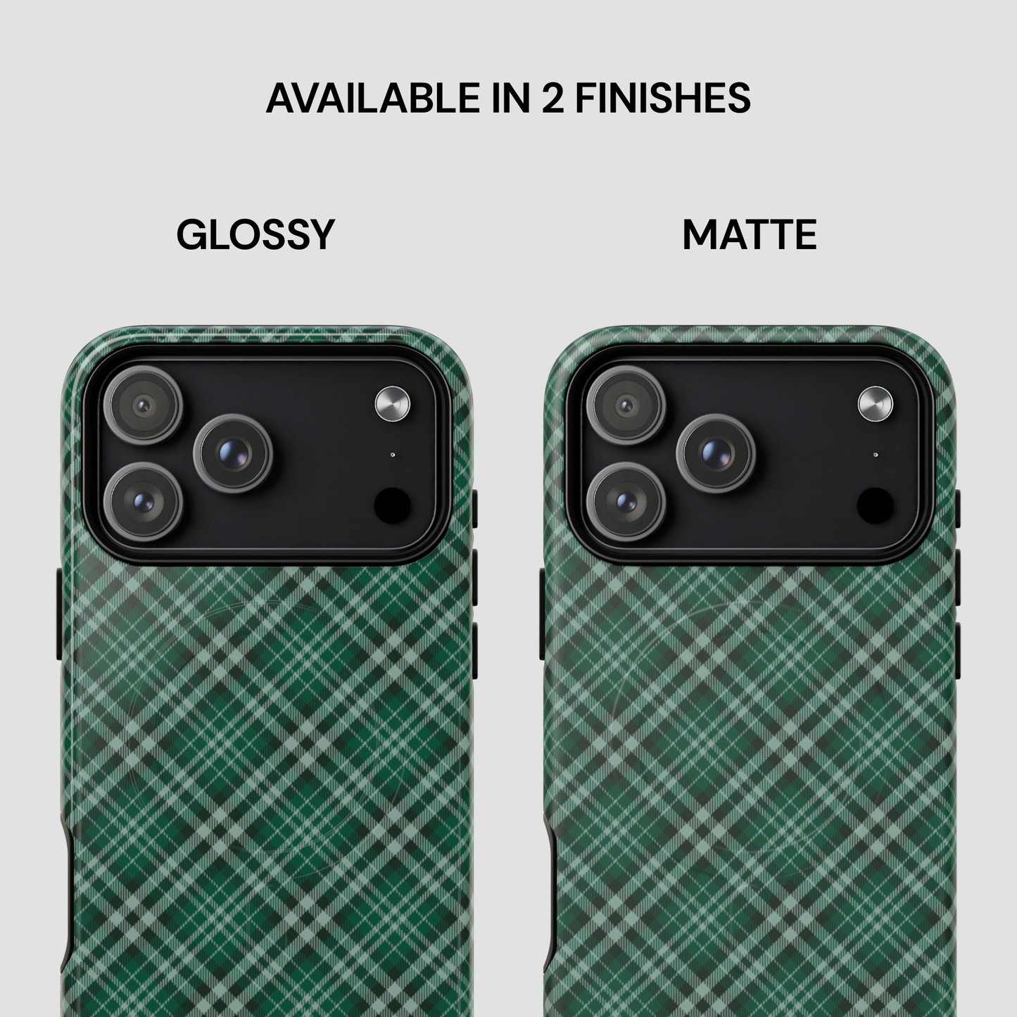 Two green plaid phone cases, one glossy and one matte, on a light gray background. | Casenari
