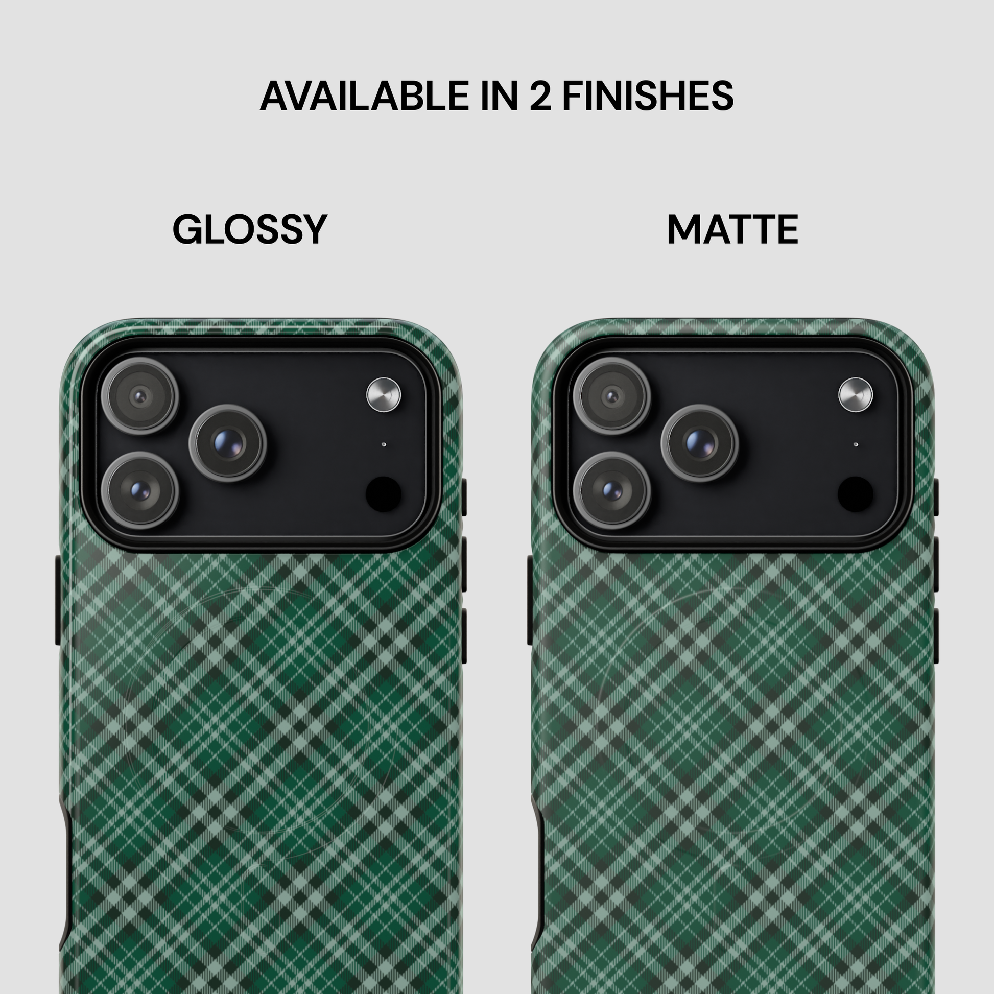 Two green plaid phone cases, one glossy and one matte, on a light gray background. | Casenari