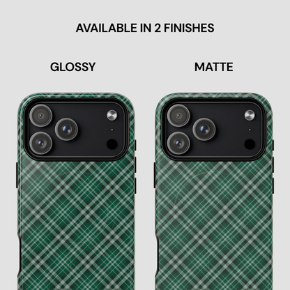 Two green plaid phone cases, one glossy and one matte, on a light gray background. | Casenari