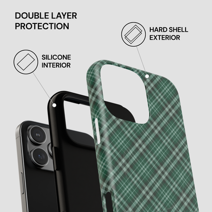 Green plaid phone case with text highlighting double layer protection on a gray background | Casenari