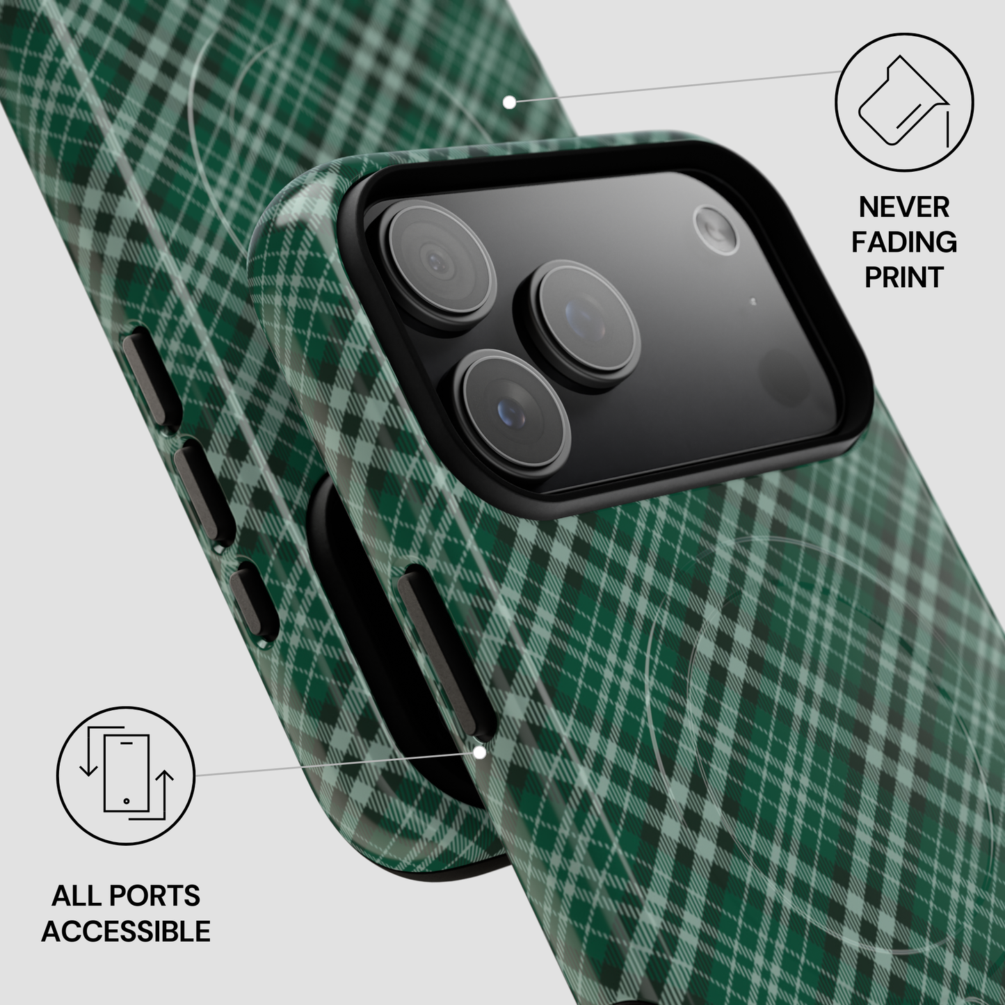 Green plaid phone case with camera and port accessibility indicators on a light gray background | Casenari