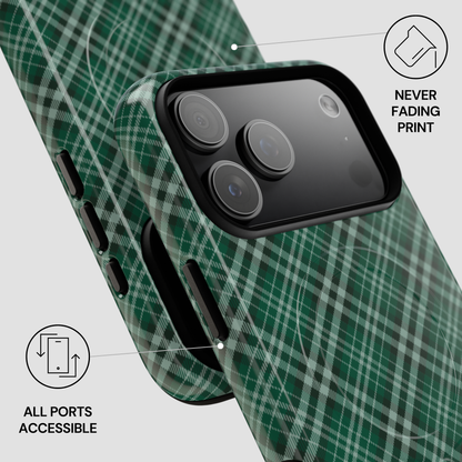 Green plaid phone case with camera and port accessibility indicators on a light gray background | Casenari