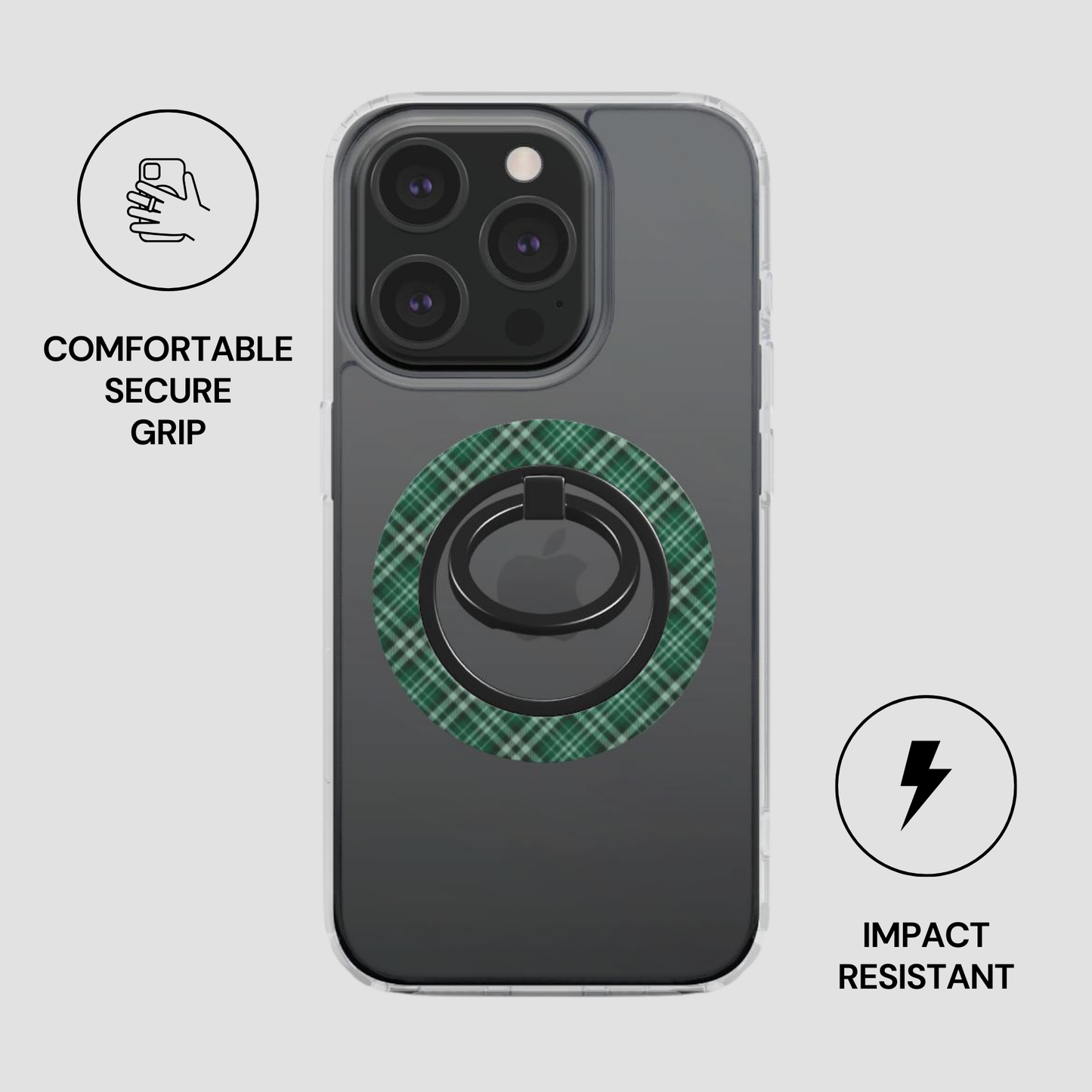 Phone case with green plaid design and ring holder on a gray background | Casenari