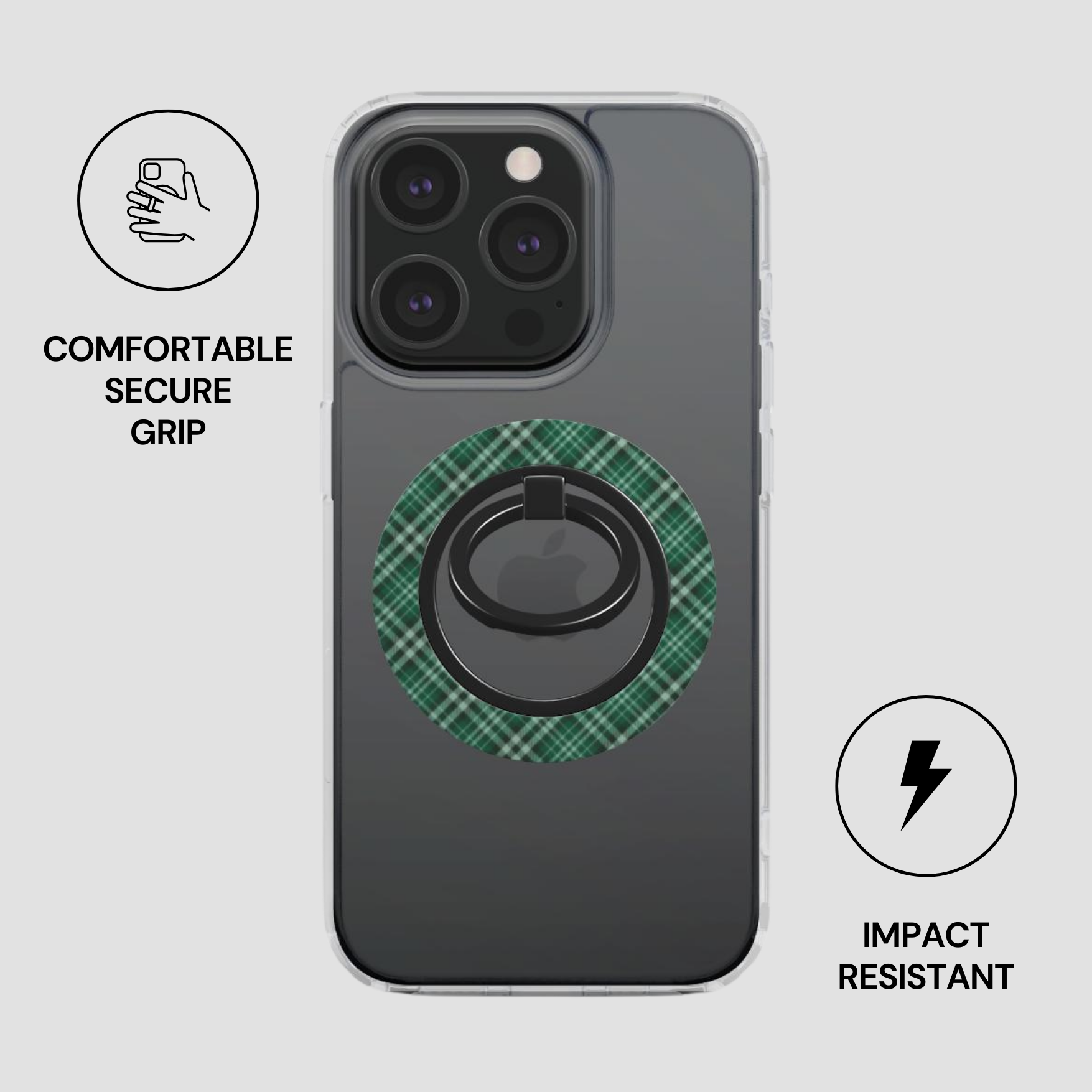 Phone case with green plaid design and ring holder on a gray background | Casenari
