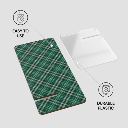 Green plaid cutting board with text 'Easy to use' and 'Durable plastic' on a white background | Casenari
