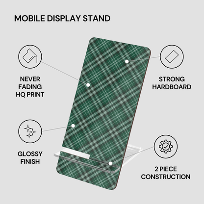 Green plaid mobile display stand with features highlighted on a gray background | Casenari