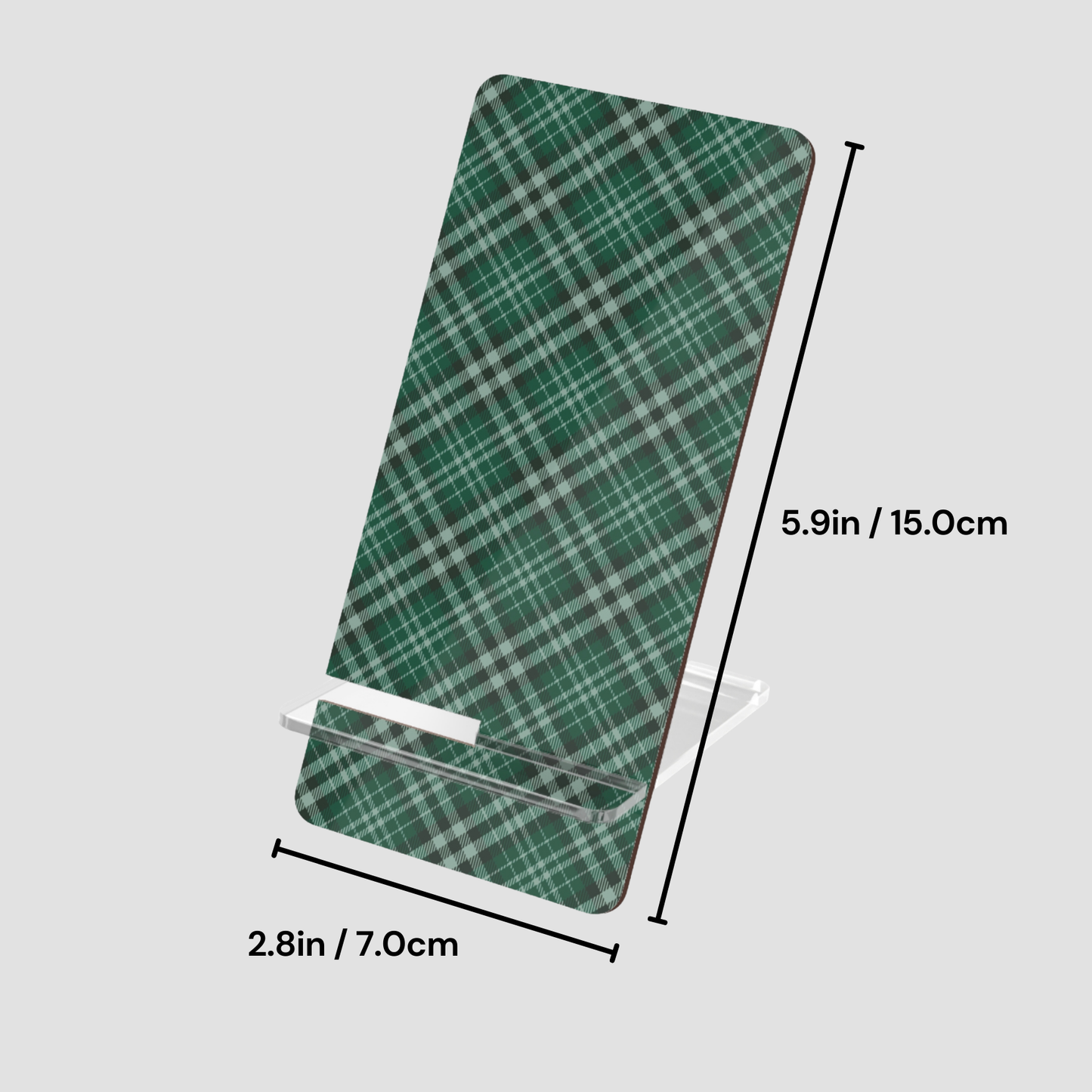 Green plaid phone stand with dimensions on a light gray background | Casenari
