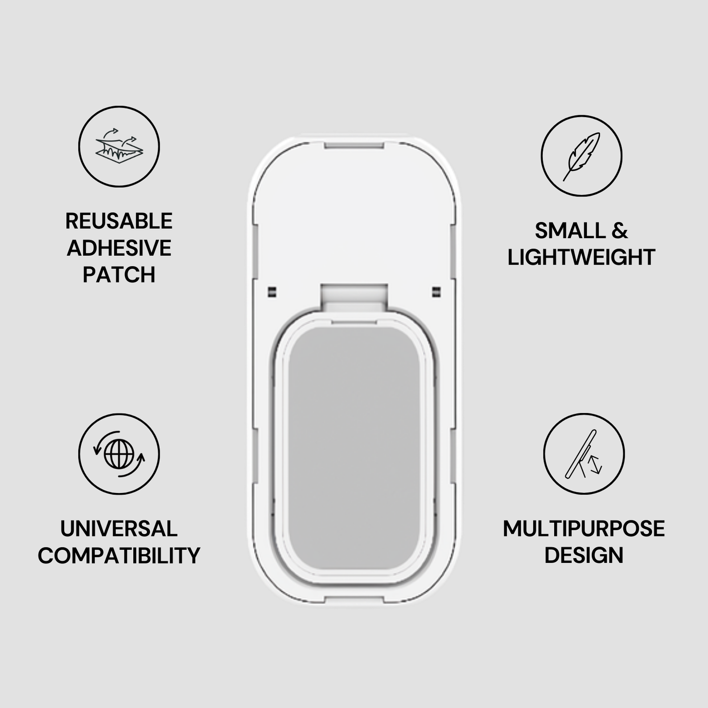 Reusable adhesive patch with features listed on a gray background | Casenari