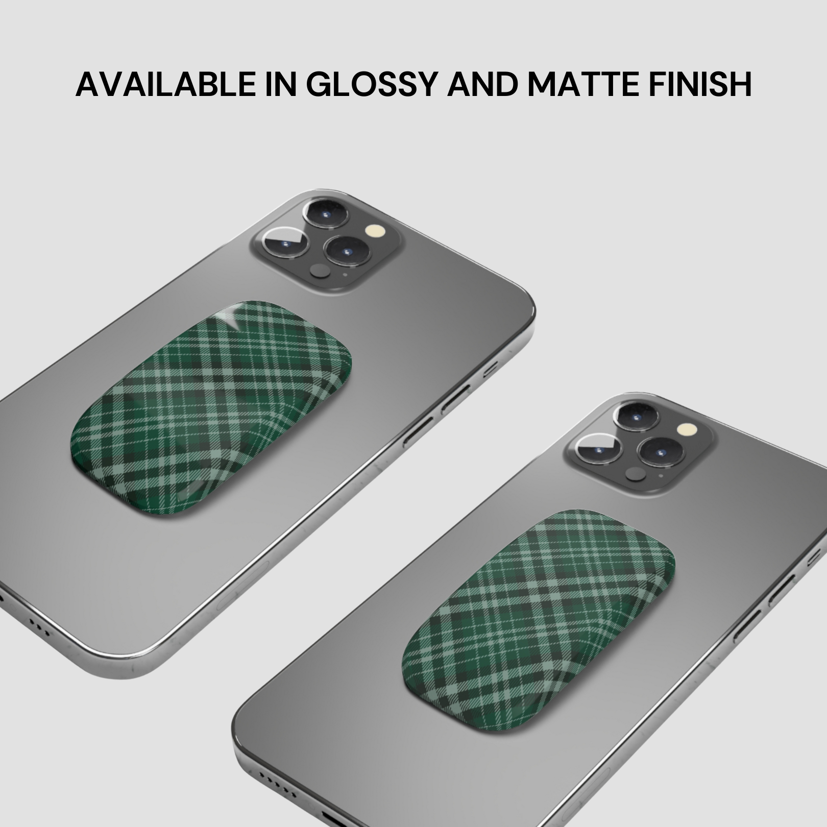 Two phone cases with green plaid pattern on a gray background, text indicating finish options. | Casenari