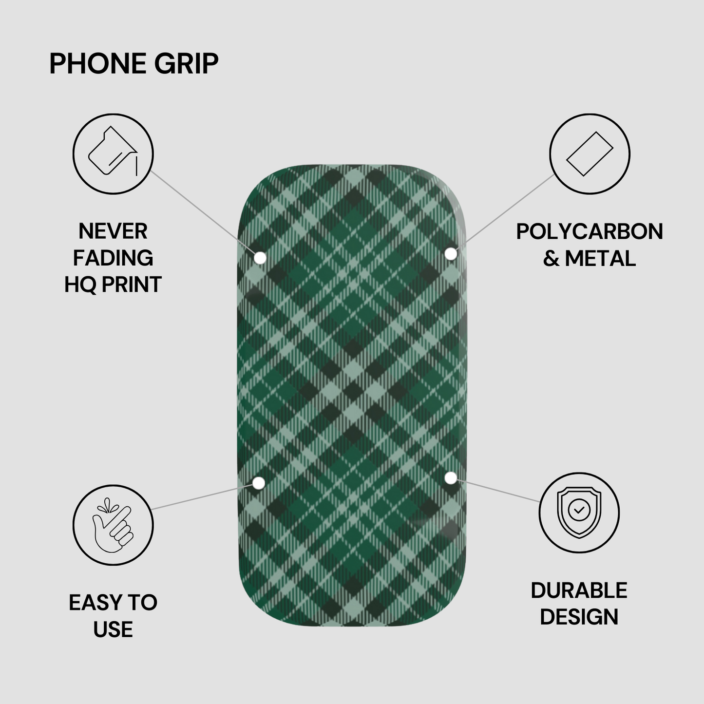 Green plaid phone grip with features listed on a gray background | Casenari