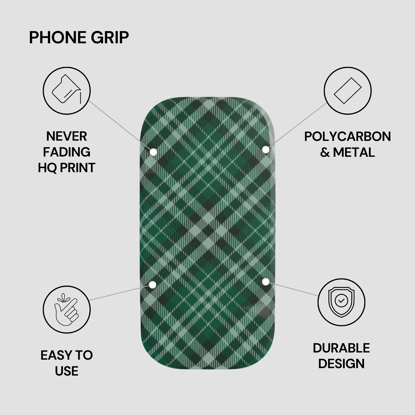 Green plaid phone grip with features listed on a gray background | Casenari
