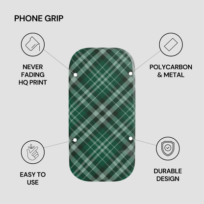 Green plaid phone grip with features listed on a gray background | Casenari